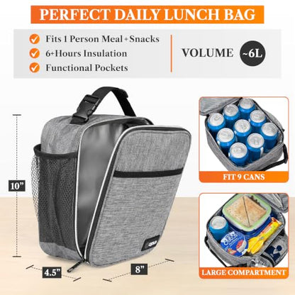 opux Insulated Lunch Bag for Kids Boys Girls, Small Compact Lunch Box with Wide Opening & Mesh Pockets, Reusable Lunch Pail for School, Work, Adults, Men, Women, Light Grey - color: Light Grey