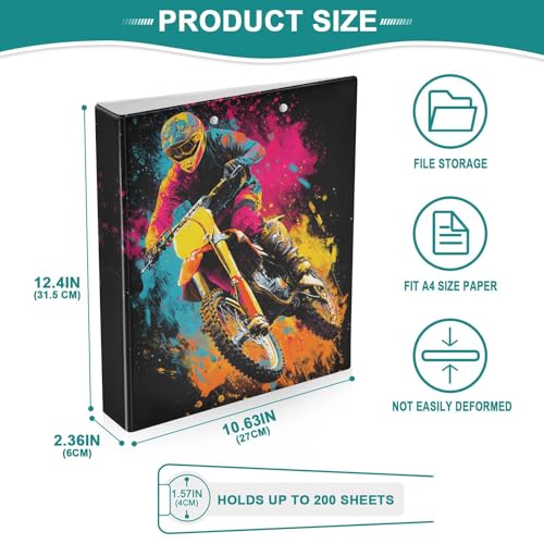 Motocross 3 Ring Binder 1.5 inch Binders Three Ring Binders with Clipboard Hold 200 Sheets for Office Supplies - color: Colorful Abstract Motocross Artwork