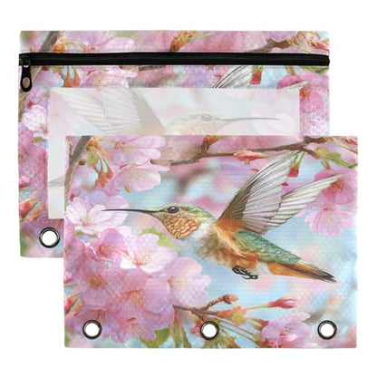 Studying 2 Pack Natural Pink Cherry Blossom Hummingbird 3 Ring Binder Pencil Pouch Bags,Clear Window Zipper Storage Case for Boys Girls School Office Supplies Cosmetics Organizers - color: Multi-hummingbird