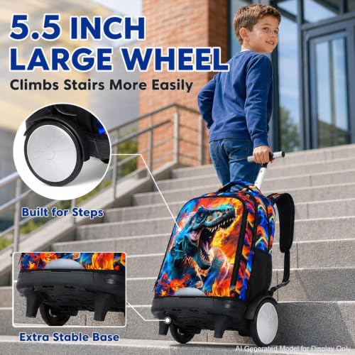 3Pcs Large Rolling Backpack for Boys, 20 Inch Detachable Wheeled Bookbag with Lunch Box, Durable Fire Dinosaur Roller Backpack for Elementary Middle School (Red) - color: Large Wheels Dinosaur Red