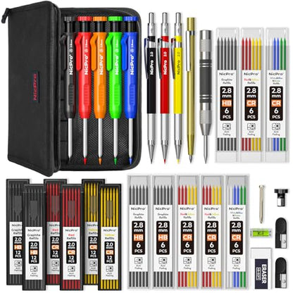 Nicpro 31 Pack Carpenter Pencil Set with Sharpener, Mechanical Carpenter Pencils with 128PCS Refills and Carbide Scribe Tool, Heavy Duty Construction Pencils for Architect Woodworking-With Canvas Case - size: 1 Count (Pack of 31)