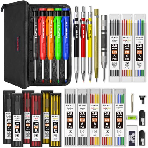 Nicpro 31 Pack Carpenter Pencil Set with Sharpener, Mechanical Carpenter Pencils with 128PCS Refills and Carbide Scribe Tool, Heavy Duty Construction Pencils for Architect Woodworking-With Canvas Case - size: 1 Count (Pack of 31)