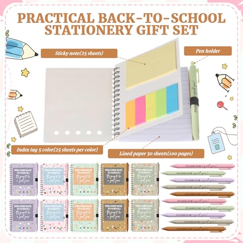 Dunzoom 40 Pcs Welcome Back to School Gifts Bulk Spiral Notebooks with Sticky Notes Motivational Pens First Day of School Notepads Party Favor for Teacher Student Classroom(Terrazzo Tones,Multicolor) - style: Terrazzo Tones
