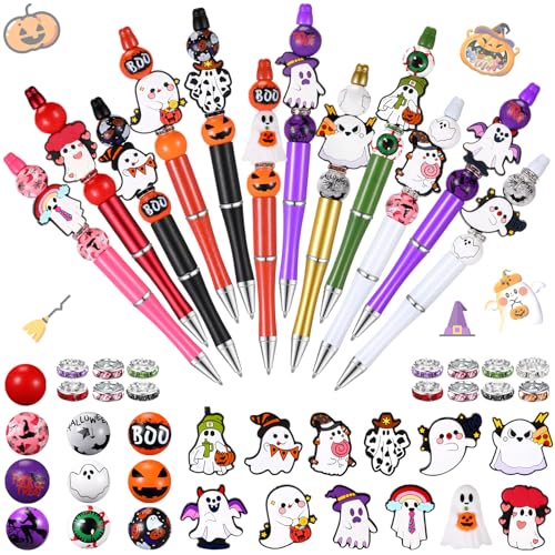 Geyee 12 Set Beadable Pens Assorted Bead Pens Wood Crystal Round Spacer Set Black Ink DIY Ballpoint for Women Men Gift Office Supplies (Multicolor,Halloween) - color: Multicolor, style: Halloween