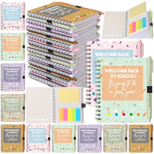 Dunzoom 40 Pcs Welcome Back to School Gifts Bulk Spiral Notebooks with Sticky Notes Motivational Pens First Day of School Notepads Party Favor for Teacher Student Classroom(Terrazzo Tones,Multicolor) - style: Terrazzo Tones