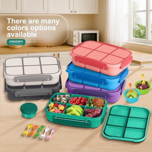 Amathley Lunch Box Kids Girls Boys,Bento Box Adult,Toddler Lunch Containers for School,Leakproof Snack Containers with 6 Compartments,Sauce Container,10 Food Picks and 4 Muffin Cups (Green) - color: Green
