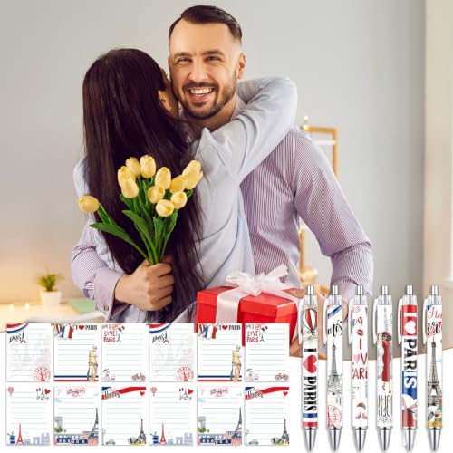 Wxiben Paris Sticky Notes with Pens - 24 Pcs Paris Souvenirs Gifts French City Travel Notepads Ballpoint Pens Set Eiffel Tower Notes Black Ink Pen for Home Traveler Study Office School Party Favor - color: Paris