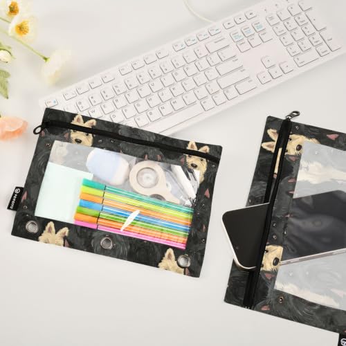Gredecor 3 Ring Binder Pencil Pouch, Cute Black Scottish Terrier Dog (2) Zippered Pen Case Pouches with Clear Window, 2 Pack Stylish Office & School Supplie - color: Cute Black Scottish Terrier Dog (2)