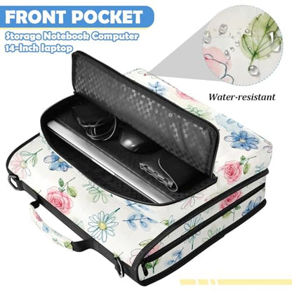 Floral Leaves Zipper Binder with 2 Inch D-Rings Expandable File Portfolio with Shoulder Strap, Waterproof Nylon Organizer for 14" Laptop for Work College Travel