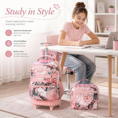 3Pcs Rolling Backpack for Girls Women, 19 Inche Adults Roller Bag with Wheels, Flower Wheeled Bookbag with Lunch Box(Pink) - color: Pink Flower