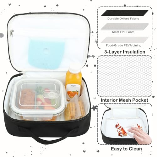 FlowFly Kids Lunch box Insulated Soft Bag Mini Cooler Back to School Thermal Meal Tote Kit for Girls, Boys, Black Free USA Flag Patch Included - color: Black With Flag