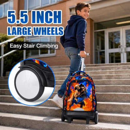 UFNDC Big Wheel Rolling Backpack for Boys, Water-Resistant Wheeled School Bag with Lunch Box & Pencil Case, 3-Pack Kids Roller Bookbag Travel Set - Fire Dinosaur - color: Rolling Backpack Fire Dinosaur Orange
