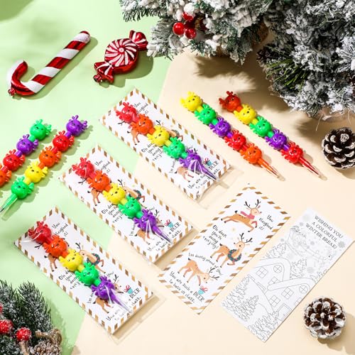 Sayglossy 24 Sets Christmas Elk Crayons Party Favors 4 Colors Christmas Stacking Crayons with Double Sided Coloring Postcard Xmas Party Gifts Prize Bulk for Holiday Goodie Bag Stuffers Reward - style: Christmas Elk