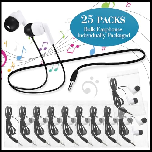 Kanayu 100 Pack Wired Earbuds Bulk for Classroom Ear Headphones Wired Basic Student Earbuds No Microphone with 3.5MM Jack for Class Laptop School Library, Individually Bagged (Black White) - color: Black White