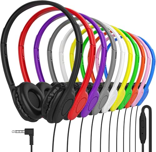 Maeline Bulk Headphones with Microphone, 500 Pack Multicolor Wired On-Ear Headsets – 3.5mm Jack, Leatherette Cushions, Adjustable Headband – for Classrooms, Libraries, Remote Learning, Office - color: Multicolor, size: 500 Pack