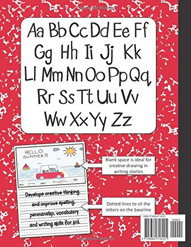 Primary composition notebook with picture space: Hand writting practice book 8.5x11 with dotted lines and drawing area, Primary composition notebook ... K-2 and elementary, homeschool supplies