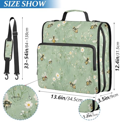 Sweet Bees Sage Green Sturdy Zipper Binder with Handle Easy to Carry 1.5 Inch 3 Rings Pencil Bags Portfolio Binder Stationery Organizer Supplies - color: Sweet Bees Sage Green