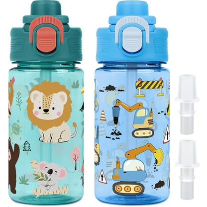 Kids Water Bottle with Bite & Sip Straw, Excavator/Jungle Animals | 13oz Toddler Water Bottle · BPA-Free, Handle, Leak-Proof, and Pop-Up Spout Cover · Safe for School Sports Travel & Camp