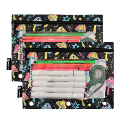 Mushroom Eyes Colorful Pencil Pouch for 3 Ring Binder 2 Pack Binder Pencil Case with Clear Window Pencils Bags with Zipper for Office School College Supplies - color: 23-Mushroom Eyes
