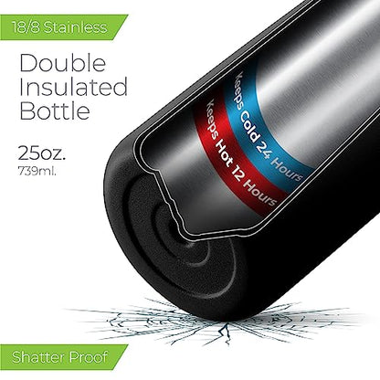 SipX™ Insulated Water Bottle with 3 Lids 25 oz (750 mL). Leakproof Stainless Steel, Triple Insulated – Cold 24 Hours/Hot 12 Hours – Durable Bottle for School, Gym, Travel – Black - color: Black, size: 25 Ounces