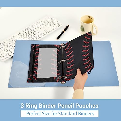 Kcldeci Pencil Pouch for 3 Ring Binder, Baseball Pattern Black 2 Pack Binder Pencil Pouch with Clear Window Pencil Bags with Zipper Pencil Case for Binder - color: A03
