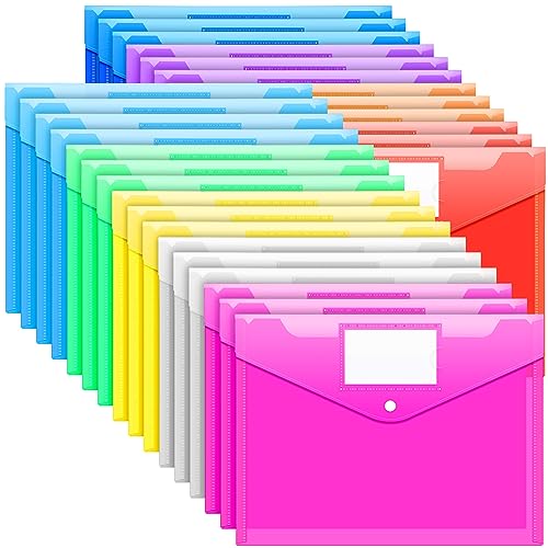 Sooez 28 Pack Folders Plastic Envelopes, Clear Plastic File Folder for Document, Letter A4 Size Poly File Envelopes with Label Pocket, Snap Button for Home Work Office Organizer, 9 Assorted Colors