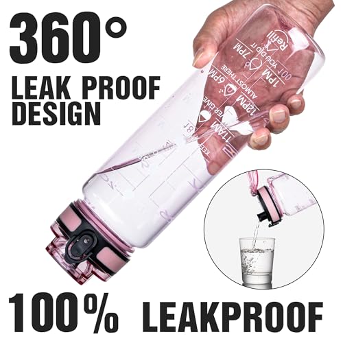 OLDLEY Water Bottle, 32oz Motivational Sports Water Bottle with Time Marker - Times to Drink - Tritan, BPA Free, Wide Mouth Leakproof,Clear Pink - color: Clear Pink