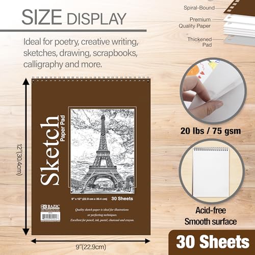 BAZIC Products Spiral Sketch Pad, Top Bound, 9 x 12 in, 30 Sheets, 48-Case | 30-sheet spiral sketch pad, smooth drawing paper for sketching, shading - color: 30 Sheets - 9"x12", size: 48-Pack