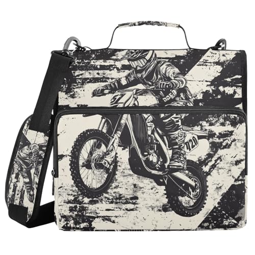 Zipper Binder Motorcycle Motocross Race Black Decor Trapper Keeper 3 Ring Binder Bag Multiple Pockets & Storage Organizer, 500 Sheet Capacity with Shoulder Strap - color: Multi-motorcycle