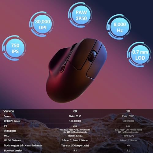 Keychron M7 8K Wireless Mouse, 30K DPI Optical Computer Mice, 2.4 GHz/Bluetooth/Wired with Macro Button 66g Lightweight Ergonomic, Up to 140 Hours Worktime for Laptop macOS/Windows - Black - color: Black, style: 8K Polling Rate