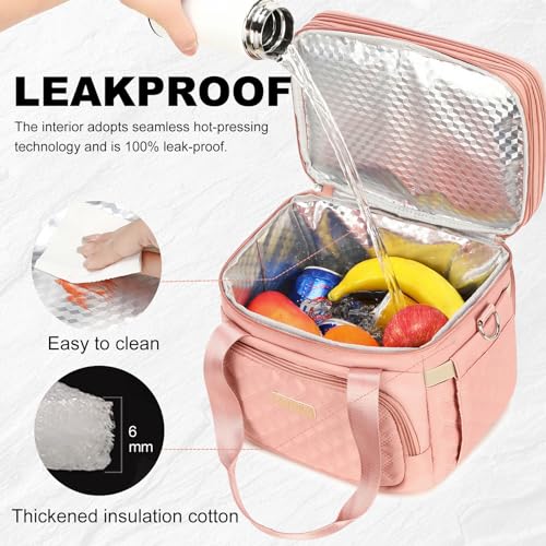 AIJIEKE Lunch Bag for Women, Insulated Double Deck Work Lunch Box, Pink | Durable, leakproof thermal cooler tote. Double compartment, expandable pockets, strap. For travel meal prep, beach, picnic - color: Pink