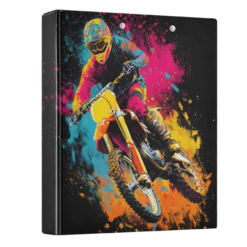 Motocross 3 Ring Binder 1.5 inch Binders Three Ring Binders with Clipboard Hold 200 Sheets for Office Supplies - color: Colorful Abstract Motocross Artwork