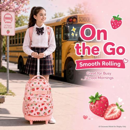 HPJGD Rolling Backpack for Girls, Womens Strawberry School Backpacks with Wheels, Water-Resistant Roller Kids Wheeled Bookbag Set with Lunch Box - color: Pink Strawberry Rolling Set