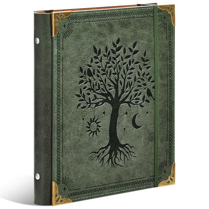 Ovesmusl PU Leather Mini 3 Ring Binder Fits 5.5" X 8.5" A5 Paper, 1 Inch Round Ring Binder Holds 200 Sheets, Notepad Paper Cover Loose Leaf Organizer, Green Tree of Life - color: Green Tree, size: 1" Ring (5.5"x8.5")