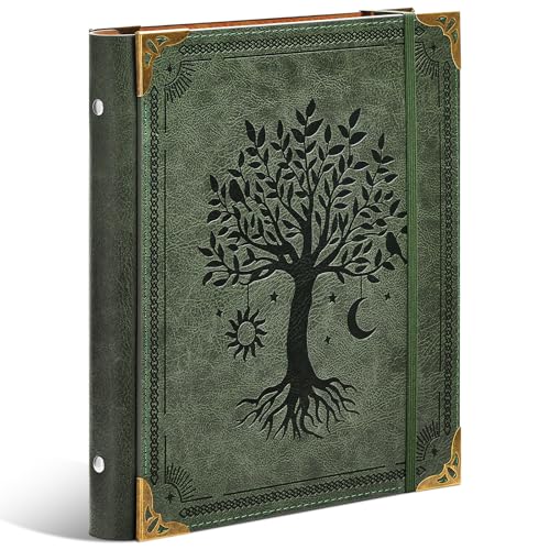 Ovesmusl PU Leather Mini 3 Ring Binder Fits 5.5" X 8.5" A5 Paper, 1 Inch Round Ring Binder Holds 200 Sheets, Notepad Paper Cover Loose Leaf Organizer, Green Tree of Life - color: Green Tree, size: 1" Ring (5.5"x8.5")