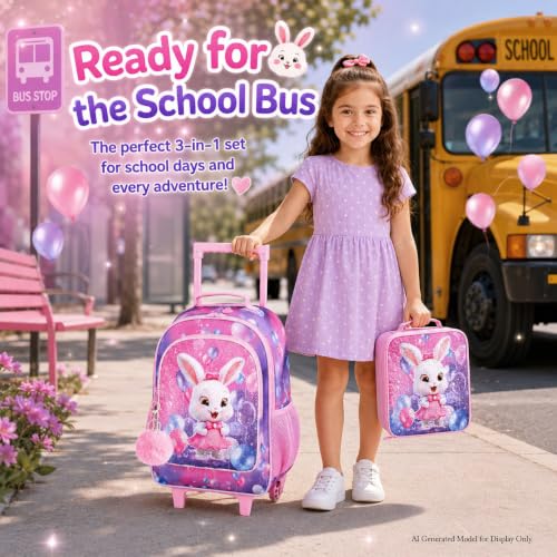 3Pcs Rolling Backpack for Girls, Kids Roller School Backpack with Wheels, Bunny Wheeled Bookbag for Elementary Preschool Kindergarten(Pink) - color: Pink Rabbit