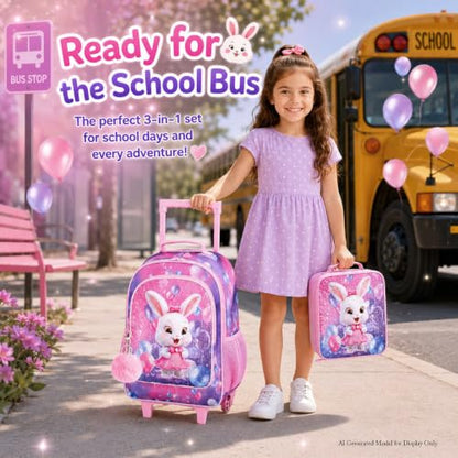 3Pcs Rolling Backpack for Girls, Kids Roller School Backpack with Wheels, Bunny Wheeled Bookbag for Elementary Preschool Kindergarten(Pink) - color: Pink Rabbit