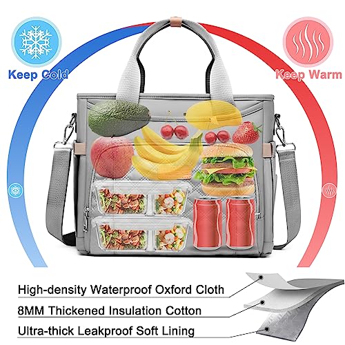 AIJIEKE Large Insulated Lunch Bag for Women Men, Work Lunch Box Tote, Gray | Leakproof, durable multi-compartment cooler. Reusable with shoulder strap. Perfect for travel meal prep, picnic, beach - color: Gray