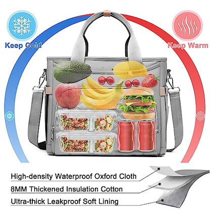 AIJIEKE Large Insulated Lunch Bag for Women Men, Work Lunch Box Tote, Gray | Leakproof, durable multi-compartment cooler. Reusable with shoulder strap. Perfect for travel meal prep, picnic, beach - color: Gray