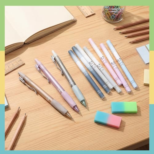 Boao Mechanical Pencil Set Assorted 12 Pieces Mechanical Pencils, 4 Tubes Pencil 0.9 mm Refills, 2 Pieces Erasers with Clear Plastic Bottle School and Office Supplies