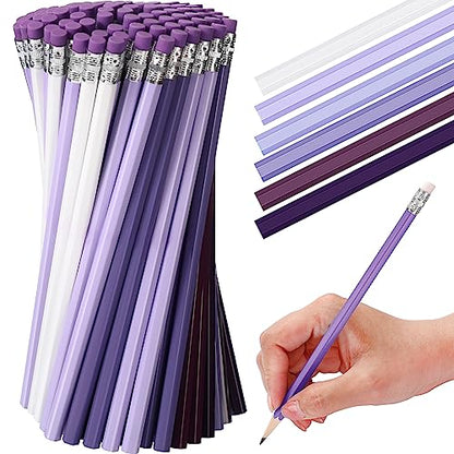 TecUnite 60 Pcs HB Pencils #2 Unsharpened Wood Cased Pencils with Eraser Hexagonal Pencil Cute Graphite No 2 Pen for Adults Gifts Exam School Office Sketching Learning(Purple Series, White) - color: Purple Series, White