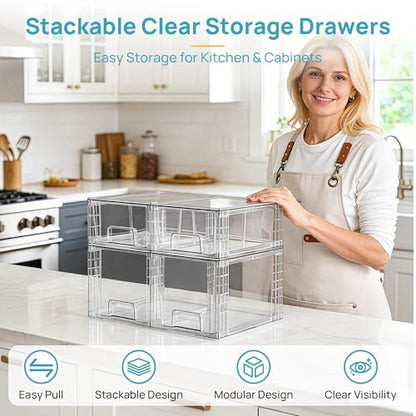 Vtopmart Clear Stackable Storage Drawers, 4 Pack Everyday Organizer Set | Medium and small BPA-free PET drawers with stackable design for kitchen cabinets, pantry shelves, medicine and daily storage - style: 2 Medium+2 Small