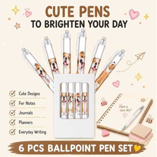 Cute Bulldog Pens 6-Pack, Funny Dog Ballpoint Pens for Kids & Women, Puppy Gifts for Dog Lovers, School Supplies, Office Desk Accessories, Party Favors