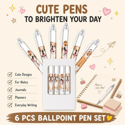Cute Bulldog Pens 6-Pack, Funny Dog Ballpoint Pens for Kids & Women, Puppy Gifts for Dog Lovers, School Supplies, Office Desk Accessories, Party Favors