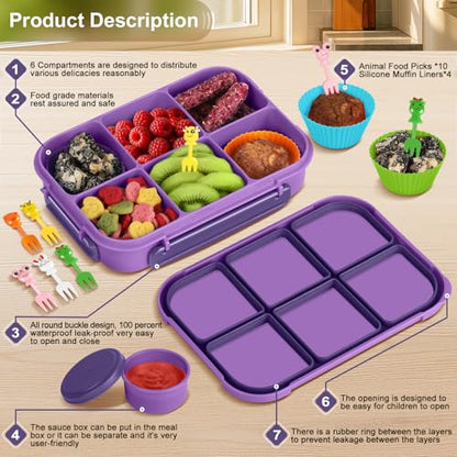 Amathley Lunch Box Kids Girls Boys,Bento Box Adult,Toddler Lunch Containers for School,Leakproof Snack Containers with 6 Compartments,Sauce Container,10 Food Picks and 4 Muffin Cups (Purple) - color: Purple