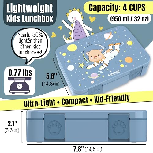 BEARFOOT Kids Lunch Box with Compartments – Compact & Lightweight | Leak-Proof, BPA-Free, Dishwasher Safe | Hand-Drawn Design for Preschool, School, Travel (Astro Bear Blue, 4 Cups) | BPA Free Leakproof Lunch Box with Compartments School & Nursery for Gir