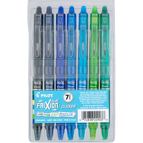 Pilot, FriXion Vibe Clicker Premium Erasable Gel Ink Pens, Find Your ZenFocus Vibe, Calm & Confident Colors, 7 Pack, Fine Point 0.7 mm, Assorted Blue/Green Inks - color: ZenFocus