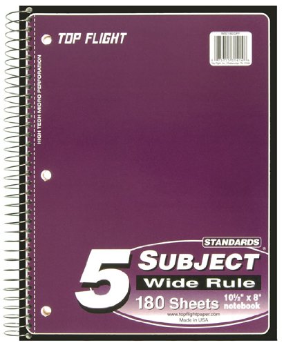 Top Flight Standards 5-Subject Wirebound Notebook, 180 Sheets, 3-Hole Punched, Wide Rule, 10.5 x 8 Inches, 1 Notebook, Color May Vary (31414) (Pack of 2) - size: 1 Count (Pack of 2)