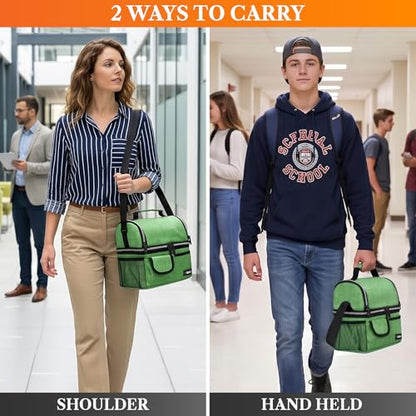 opux Insulated Lunch Bag Women Men, Dual Compartment Leakproof Lunch Box Adults Kids, Double Decker Meal Prep Bento Lunch Cooler Tote with Shoulder Strap for Work Office School Travel, Green - color: Heather Green