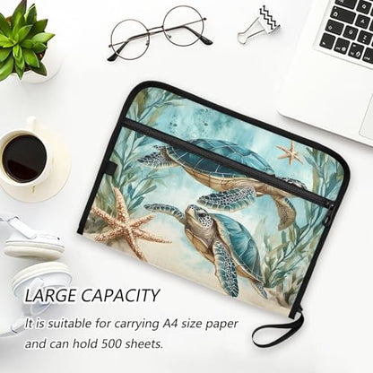 13 Pockets Expanding File Folder Sea Turtle Starfish Accordion File Organizer A4 Letter Size Paper Document Storage Zipper Expandable Folders with Labels